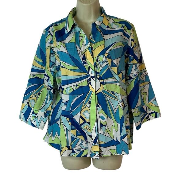 Chico’s Colorful Art To Wear Blue Green Yellow Button Down Sz 3 Petite - Picture 1 of 7